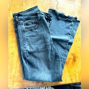 FADED BLACK SLIGHTLY GRAY BUTTON FRONT KICK FLARE AMERICAN EAGLE JEANS
